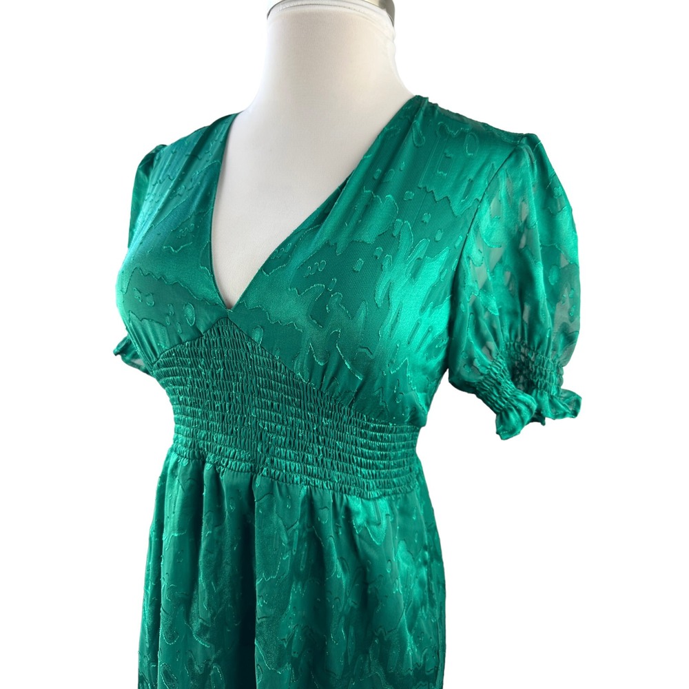 Hutch Empire Smocked Ruffle Short Sleeve Maxi Dress Holiday Green Pockets Size 6 - Picture 4 of 16